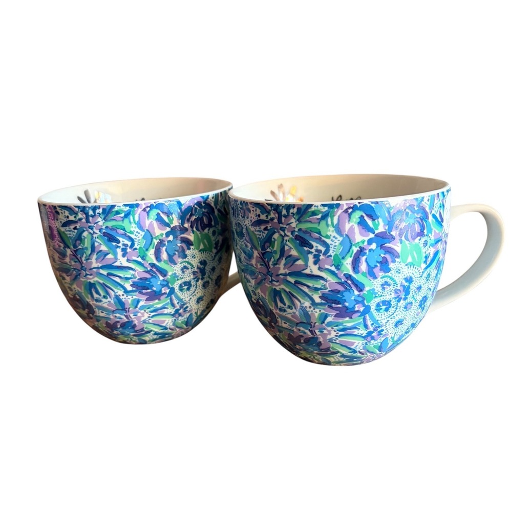 Lilly Pulitzer Floral Coffee‎ Mugs Set of 2 Blue Purple Green Gold xx Lilly